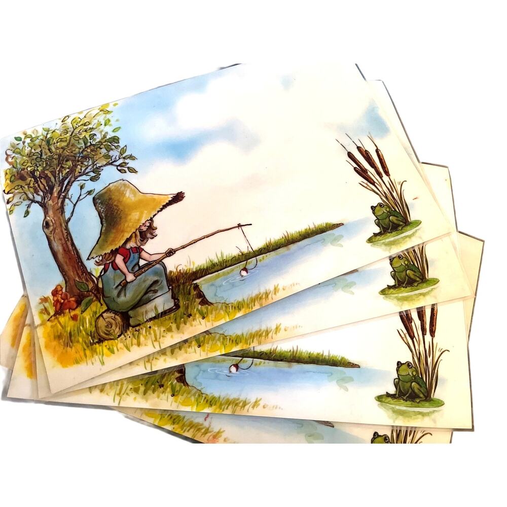 4 Laminated 1970s Placemats Little Girl Fishing Flying Kite - Picture 3 of 4